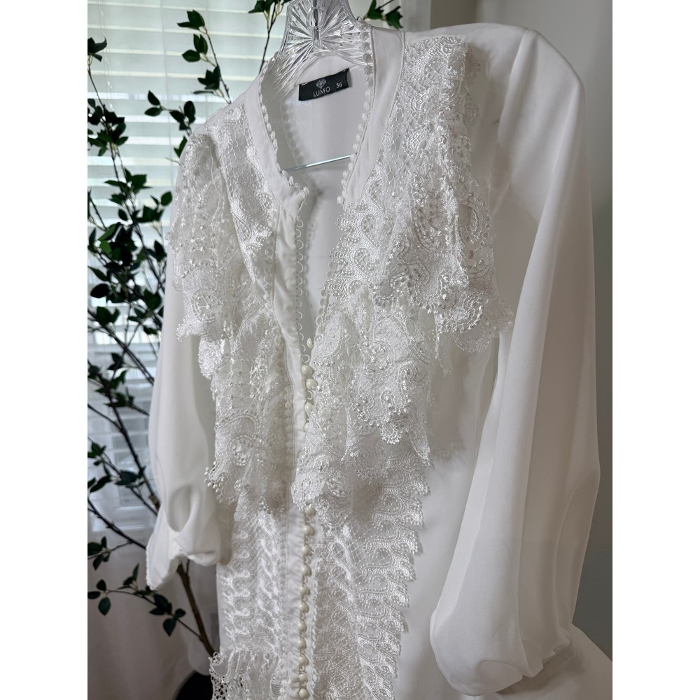 LUMO White Lace Button Front High Low Dress Long Sleeve Bridal Event Size 36 - Picture 6 of 8